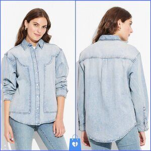 XXL - Womens Long Sleeve Oversized Denim Western Shirt - Wild Fable - Light Wash
